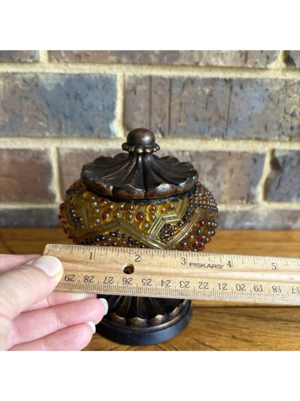 Vintage Amber Bronze Color Hobnail Lucite Round Powder Jar Trinket Box Resin Lid